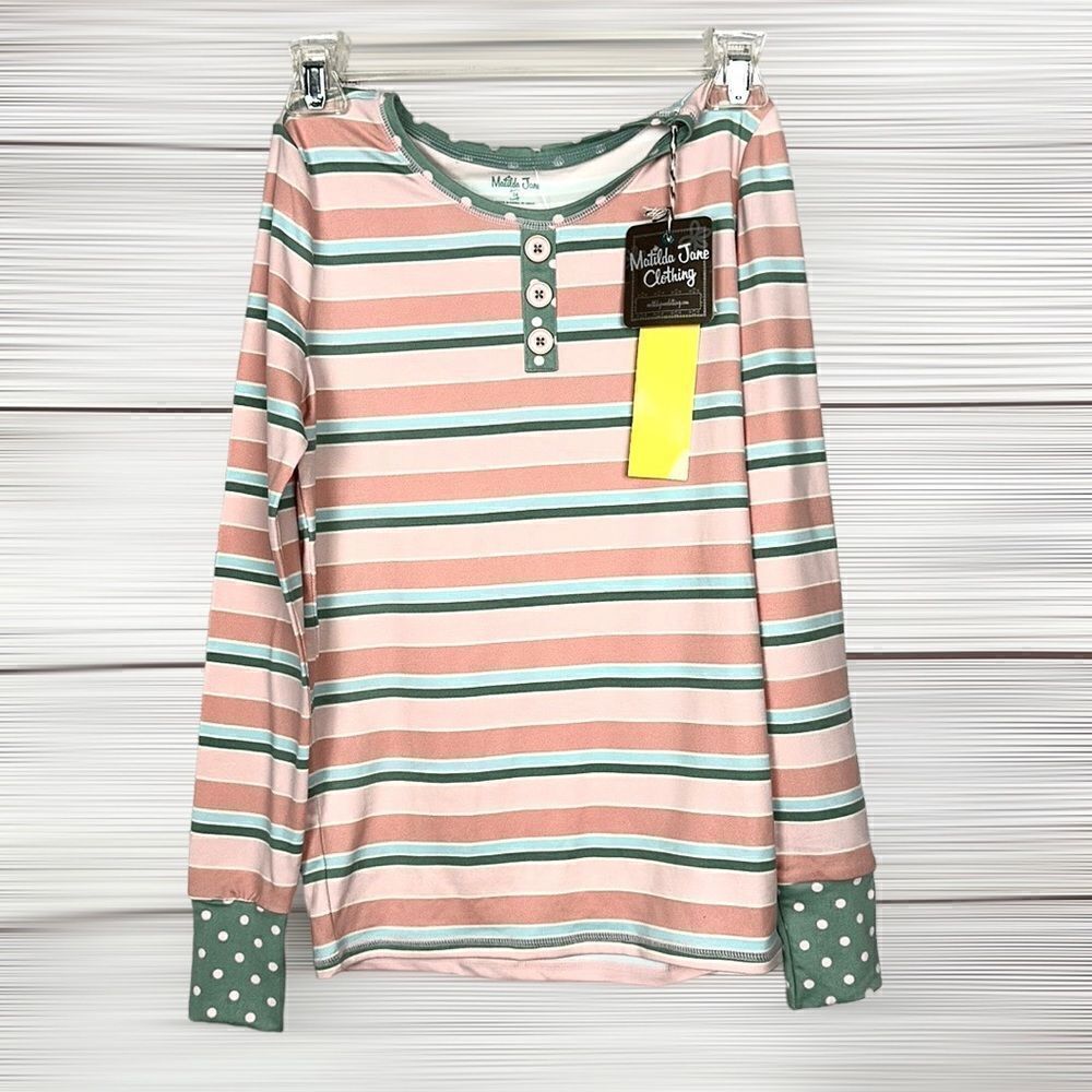 NWT Matilda Jane Cozy Soft Striped Polka Dot Pajamas Top Long Sleeve size 14